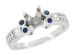 Antique Style 2 Carat Diamond and Side Sapphire Heirloom Engraved Fleur De Lis Engagement Ring Mounting in 14 Karat White Gold