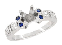 Antique Style 2 Carat Diamond and Side Sapphire Heirloom Engraved Fleur De Lis Engagement Ring Mounting in 14 Karat White Gold