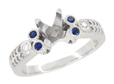 2 Carat Round Vintage Engagement Ring Setting with Side Sapphires and Diamonds with Fleur-Dr-Lys Engraved Band  - R841RS