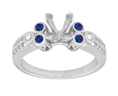 Eternal Stars Sapphire Side Stones Engraved Fleur De Lis Engagement Ring Mounting for a 2 Carat Princess Cut Diamond  in 14 Karat White Gold - Item: R841S - Image: 3