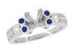 Eternal Stars Sapphire Side Stones Engraved Fleur De Lis Engagement Ring Mounting for a 2 Carat Princess Cut Diamond  in 14 Karat White Gold