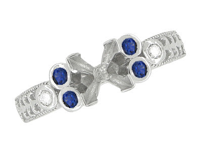 Eternal Stars Sapphire Side Stones Engraved Fleur De Lis Engagement Ring Mounting for a 2 Carat Princess Cut Diamond  in 14 Karat White Gold - Item: R841S - Image: 5