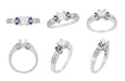 Eternal Stars Sapphire Side Stones Engraved Fleur De Lis Engagement Ring Mounting for a 2 Carat Princess Cut Diamond  in 14 Karat White Gold