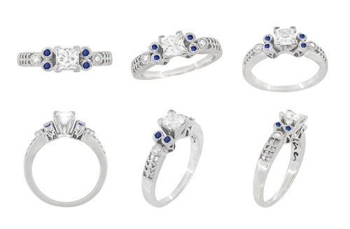 Eternal Stars Sapphire Side Stones Engraved Fleur De Lis Engagement Ring Mounting for a 2 Carat Princess Cut Diamond  in 14 Karat White Gold - Item: R841S - Image: 8