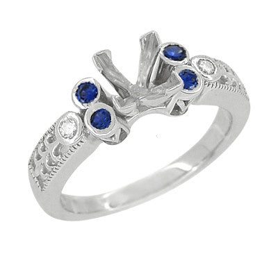 Eternal Stars Sapphire Side Stones Engraved Fleur De Lis Engagement Ring Mounting for a 2 Carat Princess Cut Diamond  in 14 Karat White Gold - Item: R841S - Image: 2