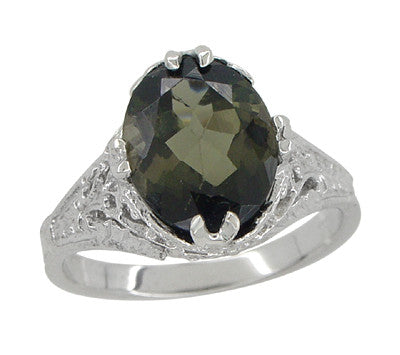 2.32 Carat Edwardian Filigree Leaves Oval Green Tourmaline Ring in 14K White Gold - Item: R843GT - Image: 3
