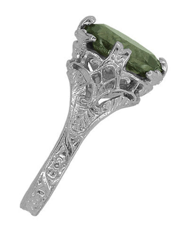 2.32 Carat Edwardian Filigree Leaves Oval Green Tourmaline Ring in 14K White Gold - alternate view