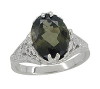 2.32 Carat Edwardian Filigree Leaves Oval Green Tourmaline Ring in 14K White Gold