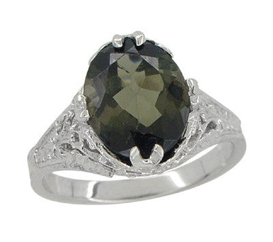 2.32 Carat Edwardian Filigree Leaves Oval Green Tourmaline Ring in 14K White Gold
