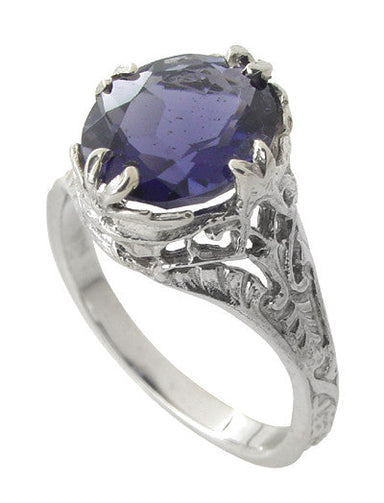 Edwardian Filigree Oval Violet Iolite Ring in 14 Karat White Gold - alternate view