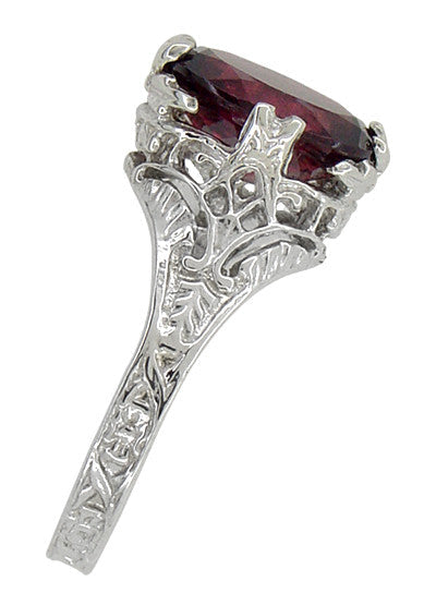 Edwardian Filigree Leaves Oval Rubellite Tourmaline Ring in 14 Karat White Gold - Item: R843RT - Image: 3