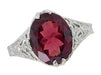 Edwardian Filigree Leaves Oval Rubellite Tourmaline Ring in 14 Karat White Gold