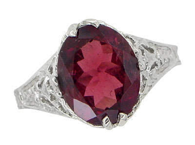 Edwardian Filigree Leaves Oval Rubellite Tourmaline Ring in 14 Karat White Gold - Item: R843RT - Image: 5