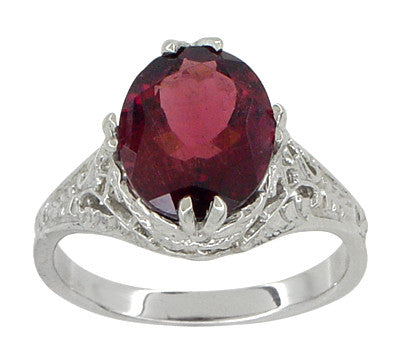 Edwardian Filigree Leaves Oval Rubellite Tourmaline Ring in 14 Karat White Gold - Item: R843RT - Image: 2