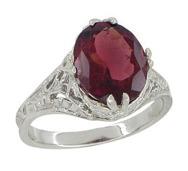 Edwardian Filigree Leaves Oval Rubellite Tourmaline Ring in 14 Karat White Gold