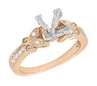 14 Karat Rose Gold Art Deco Filigree Twin Butterflies 2 Carat Princess Cut Diamond Semimount Engagement Ring
