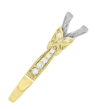 Art Deco Filigree Twin Butterflies Yellow Gold 2 Carat Princess Cut Diamond Engagement Ring Setting - Item: R850PR75Y - Image: 4