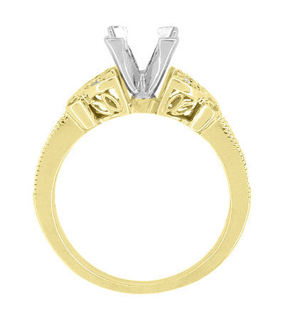 Art Deco Filigree Twin Butterflies Yellow Gold 2 Carat Princess Cut Diamond Engagement Ring Setting - Item: R850PR75Y - Image: 5