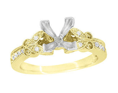 Art Deco Filigree Twin Butterflies Yellow Gold 2 Carat Princess Cut Diamond Engagement Ring Setting - alternate view