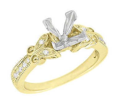 Art Deco Filigree Twin Butterflies Yellow Gold 2 Carat Princess Cut Diamond Engagement Ring Setting