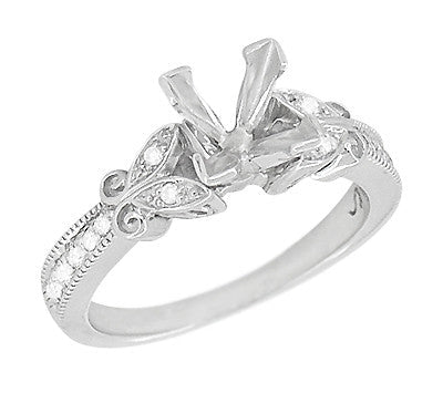 Twin Butterflies Art Deco Filigree 2 Carat Princess Cut Diamond Engagement Ring Setting in 14 Karat White Gold