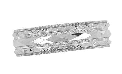 Kaleidoscope and Chevrons 6mm Wide Retro Engraved Wedding Band in White Gold - Item: R859W10 - Image: 3