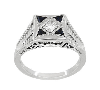 Art Deco Engraved Filigree 4 Stone Blue Sapphire and Diamond Antique Style Panel Ring in 18 Karat White Gold - Item: R862 - Image: 3