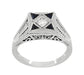Art Deco Engraved Filigree 4 Stone Blue Sapphire and Diamond Antique Style Panel Ring in 18 Karat White Gold
