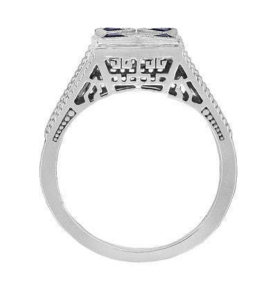 Art Deco Engraved Filigree 4 Stone Blue Sapphire and Diamond Antique Style Panel Ring in 18 Karat White Gold - Item: R862 - Image: 4