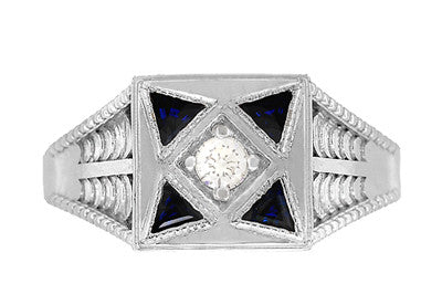 Art Deco Engraved Filigree 4 Stone Blue Sapphire and Diamond Antique Style Panel Ring in 18 Karat White Gold - Item: R862 - Image: 5