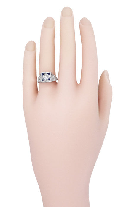 Art Deco Engraved Filigree 4 Stone Blue Sapphire and Diamond Antique Style Panel Ring in 18 Karat White Gold - Item: R862 - Image: 6
