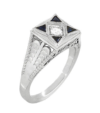 Art Deco Engraved Filigree 4 Stone Blue Sapphire and Diamond Antique Style Panel Ring in 18 Karat White Gold - alternate view