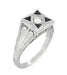 Art Deco Engraved Filigree 4 Stone Blue Sapphire and Diamond Antique Style Panel Ring in 18 Karat White Gold