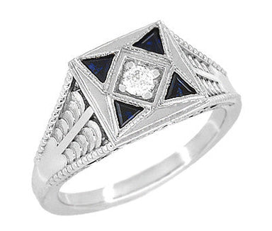 Art Deco Engraved Filigree 4 Stone Blue Sapphire and Diamond Antique Style Panel Ring in 18 Karat White Gold