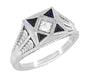 Art Deco Engraved Filigree 4 Stone Blue Sapphire and Diamond Antique Style Panel Ring in 18 Karat White Gold