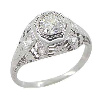 Art Deco Antique Diamond Filigree Engagement Ring in 18 Karat White Gold