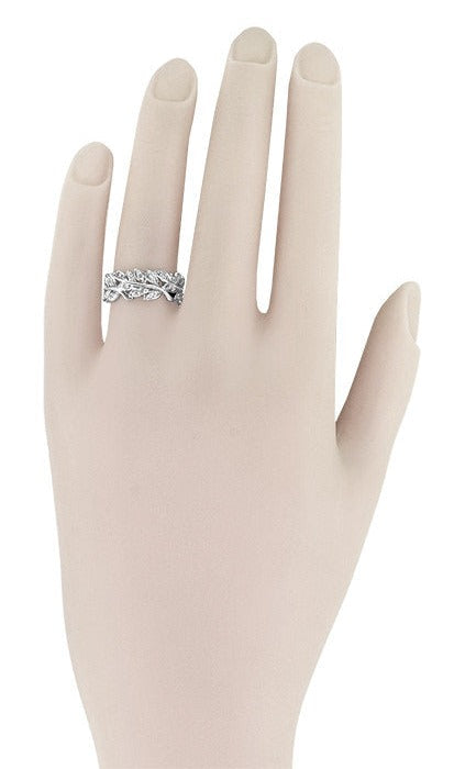 Mid Century Modern Leaf Spray Sculptural Diamonds Wide Wedding Ring in 14 Karat White Gold - Item: R873W-LC - Image: 3