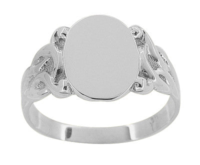Art Nouveau Vines Oval Signet Ring in White Gold - 10K or 14K - Item: R878W10 - Image: 2