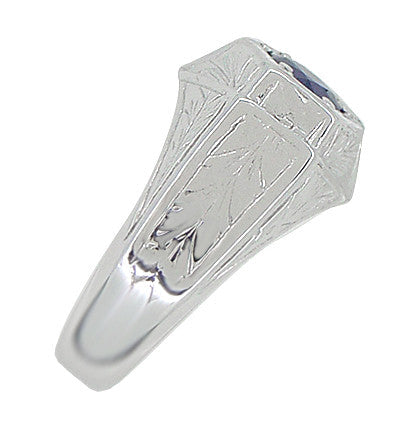 Art Deco Geometric Hexagonal Mens Blue Sapphire Ring in 14 Karat White Gold - Item: R881WS - Image: 4