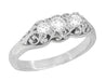 Filigree "Three Stone" Diamond Art Deco Ring in White Gold