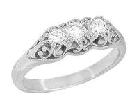 Palladium Art Deco Antique Style Scroll Filigree 3 Diamond Ring