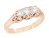 Art Deco Filigree 3 Stone Diamond Ring in 14 Karat Rose ( Pink ) Gold