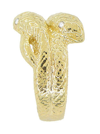 Vintage Inspired Men's Double Serpent Snake Ring with Diamond Eyes in 14 Karat Yellow Gold - Item: R897 - Image: 3