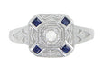 Art Deco Square Sapphires and Diamond Engraved Ring in 14 Karat White Gold