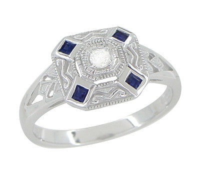 Art Deco Square Sapphires and Diamond Engraved Ring in 14 Karat White Gold