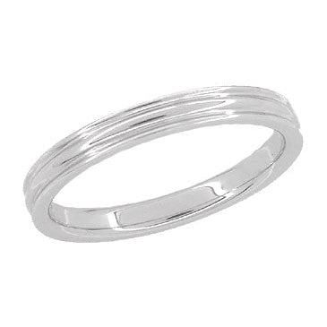 1950's Retro Moderne 4mm Double Grooved Wedding Band Ring in White Gold - 14K or 18K