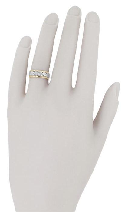 Retro Mixed Metals Wide Vintage Wedding Band in 14 Karat White and Yellow Gold - Size 4.75 - Item: R919 - Image: 3