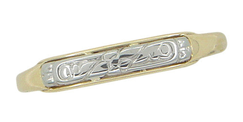 Retro Moderne Engraved Flowers Wedding Band in 14 Karat Yellow and White Gold - Item: R922 - Image: 2