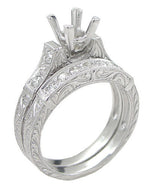 Platinum Art Deco Scrolls 1.25 Carat Princess Cut Diamond Engagement Ring Semimount and Wedding Ring