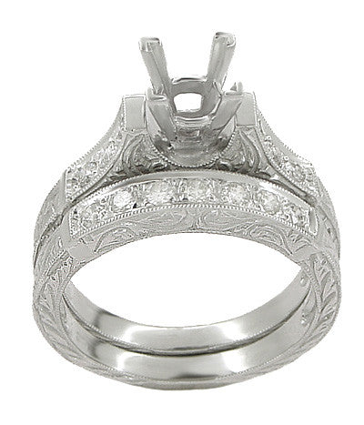 Art Deco Vintage Style Bridal Ring Set for a 1.50 Carat Princess Cut Diamond in White Gold - Hand Engraved Engagement Ring Setting & Wedding Ring - Item: R953W14-LC - Image: 2